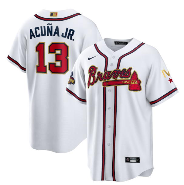 Men's Atlanta Braves #13 Ronald Acuña Jr. 2022 White/Gold World Series Champions Program Cool Base Stitched Baseball Jersey Men's Atlanta Braves #13 Ronald Acuña Jr. 2022 White/Gold World Series Champions Program Cool Base Stitched Baseball Jersey